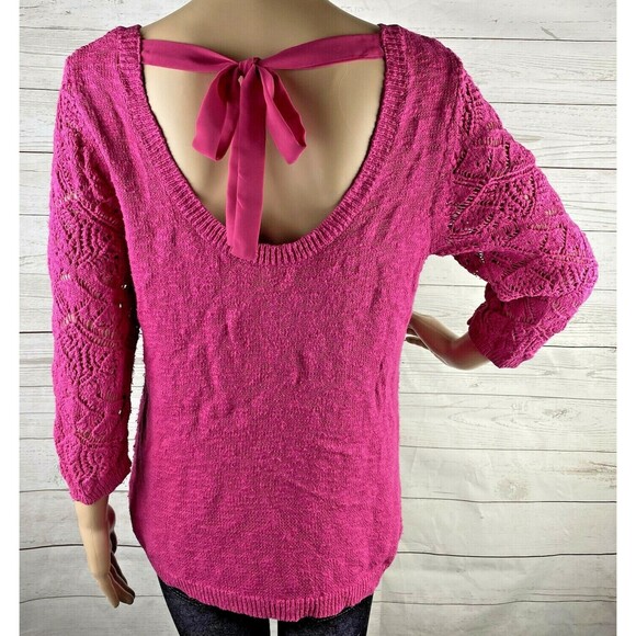 LC Lauren Conrad Sweater Medium Bright Pink Crochet Lace Front Tie Back Knit Top - Picture 9 of 12